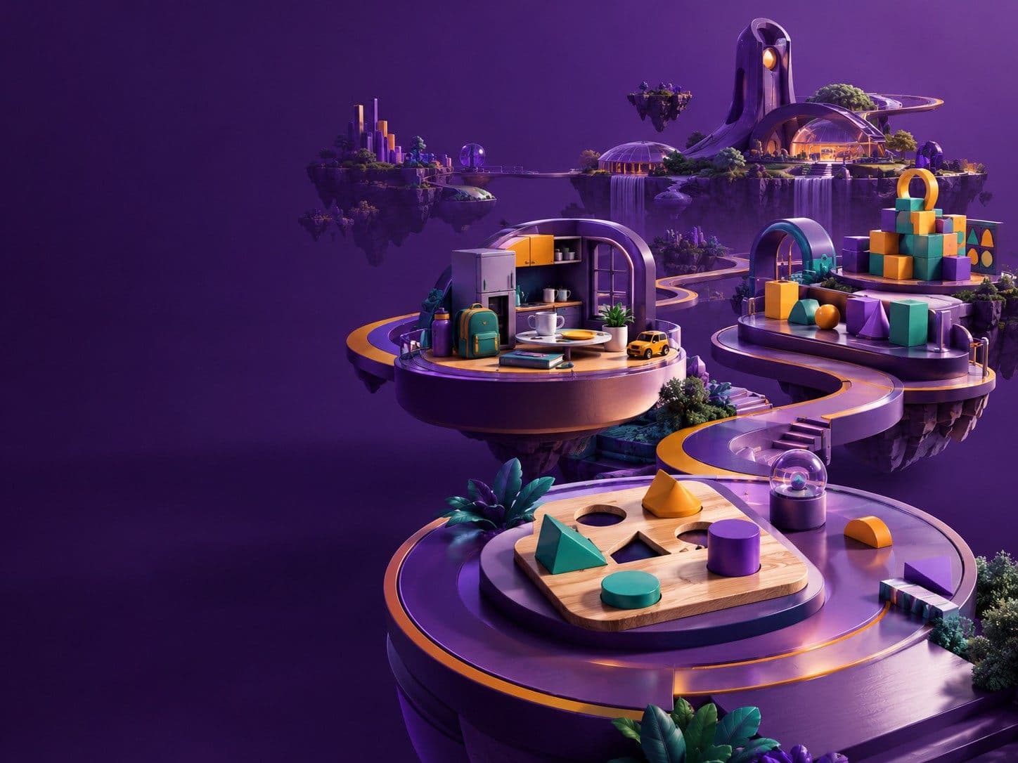 An immersive learning environment with puzzles, familiar objects, and different areas to explore.