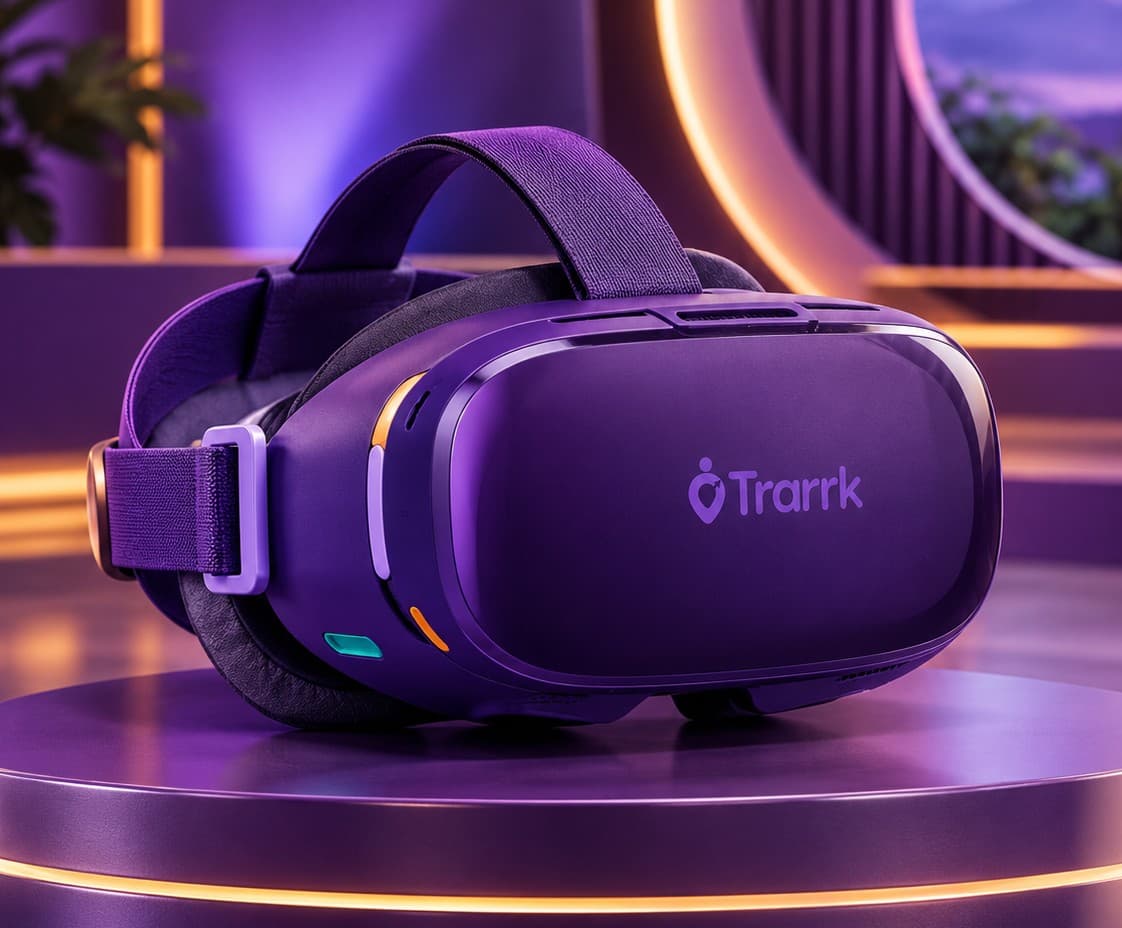 Purple TrarrkVR headset shown as a product concept.